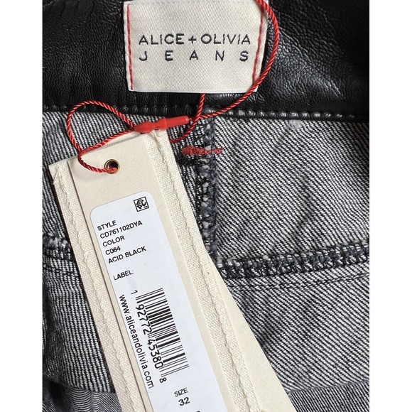 Alice + Olivia Jenny Faux Leather-Trimmed Mid-Rise Tapered Jeans Black‎ Size 32 - Picture 9 of 12